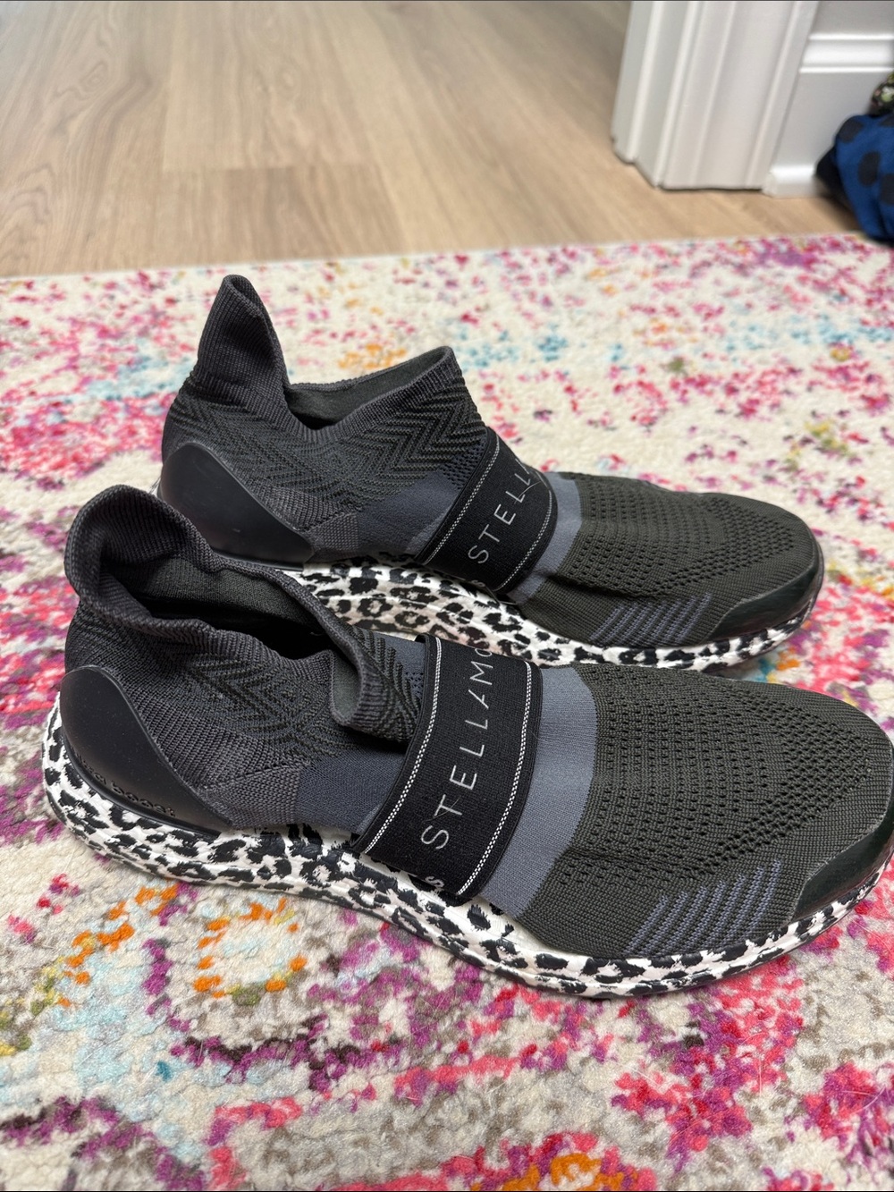 Adidas by Stella McCartney Black Knit Slip-On Sneakers with Leopard Midsole
